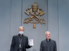 Bishop Franz-Peter Tebartz-van Elst and Archbishop Rino Fisichella present the apostolic letter 'Antiquum ministerium' at the Vatican, May 11, 2021.